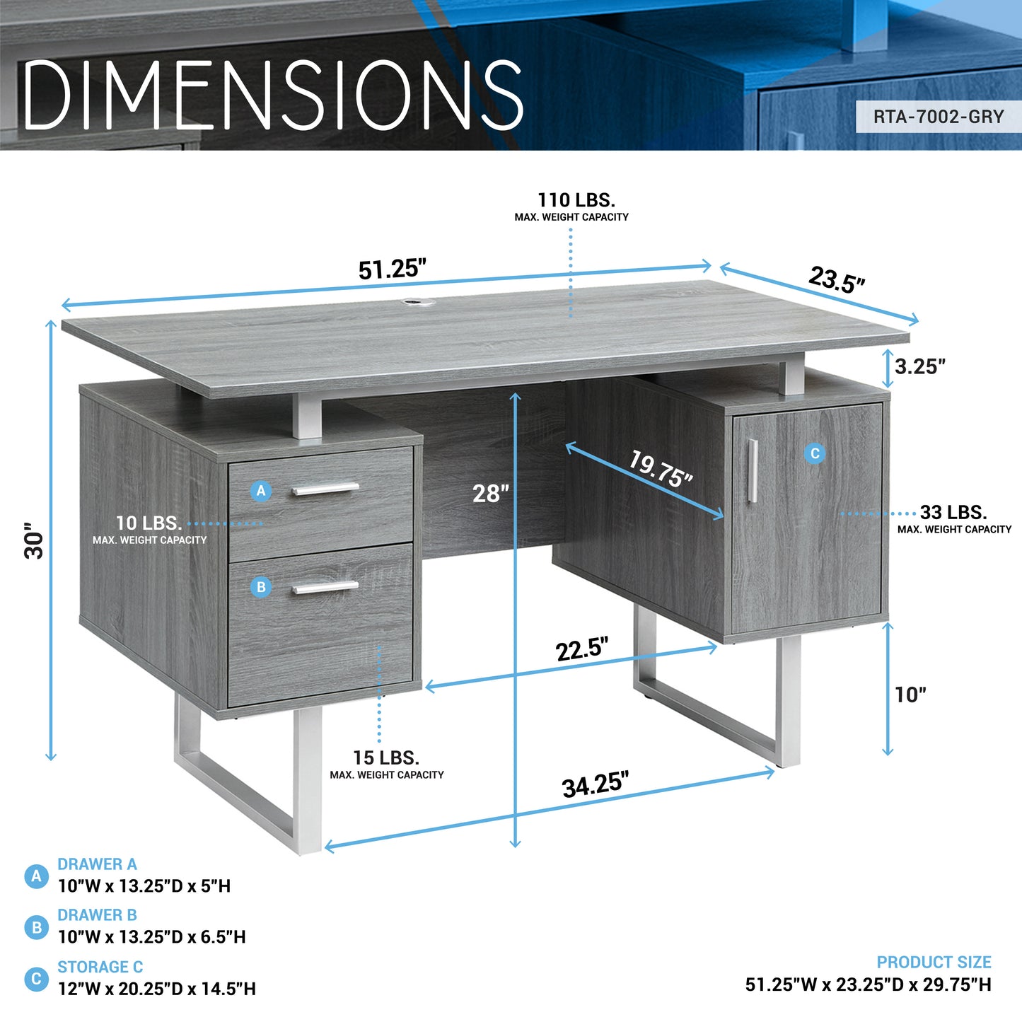 Techni Mobili Modern Office Desk with Storage, Grey