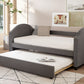 Full size Upholstered Daybed with Twin Size Trundle, Wood Slat Support, Gray