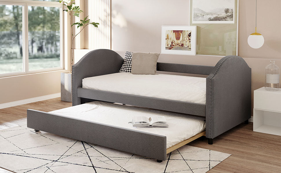 Full size Upholstered Daybed with Twin Size Trundle, Wood Slat Support, Gray