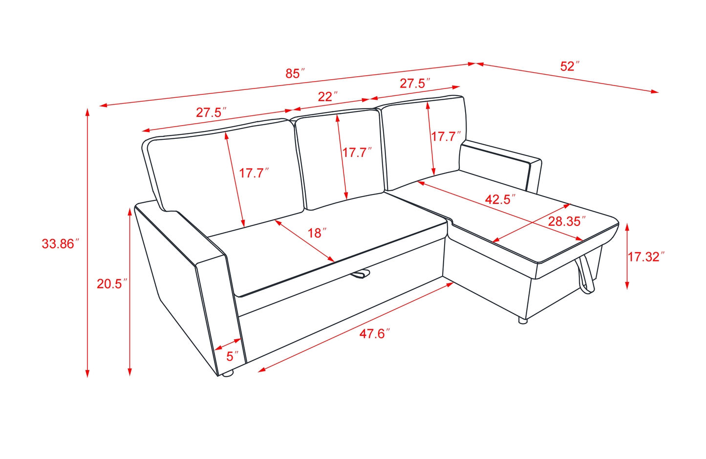 Sectional sofa with pulled out bed, 2 seats sofa and reversible chaise with storage, Stone fabric, NAVY BLUE, (85&x52&x34&)