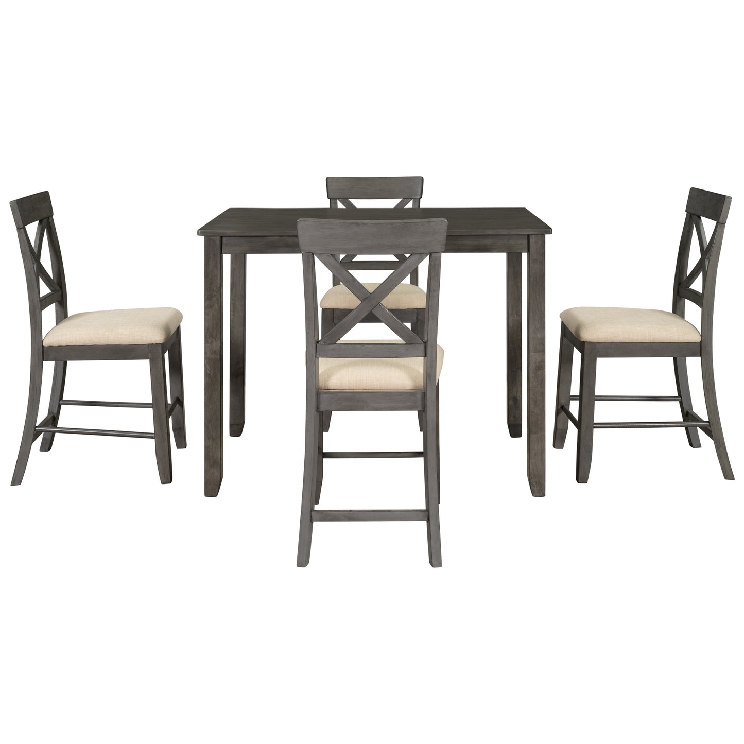 Wood 5-Piece Counter Height Dining Table Set with 4 Upholstered Chairs, Gray