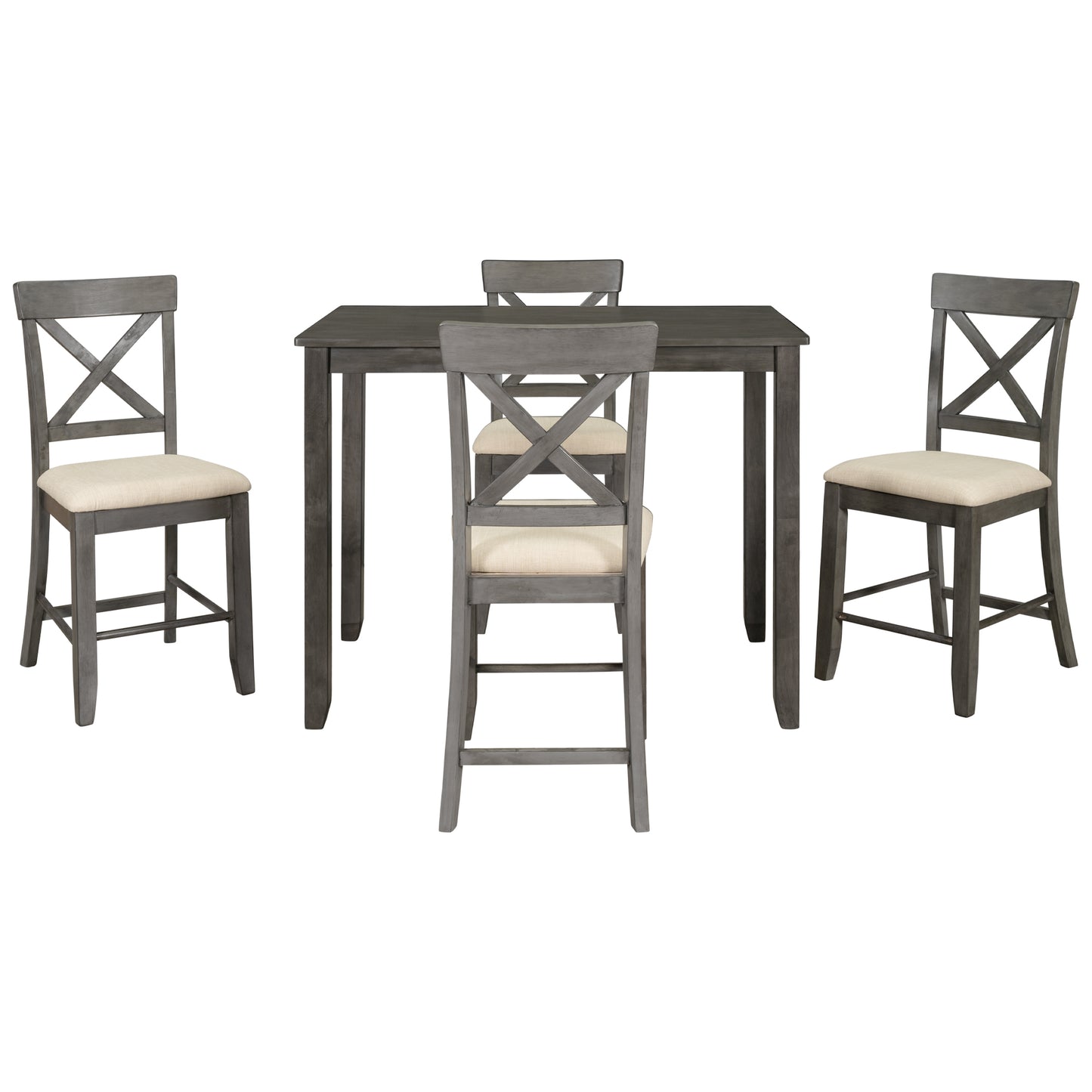 Wood 5-Piece Counter Height Dining Table Set with 4 Upholstered Chairs, Gray