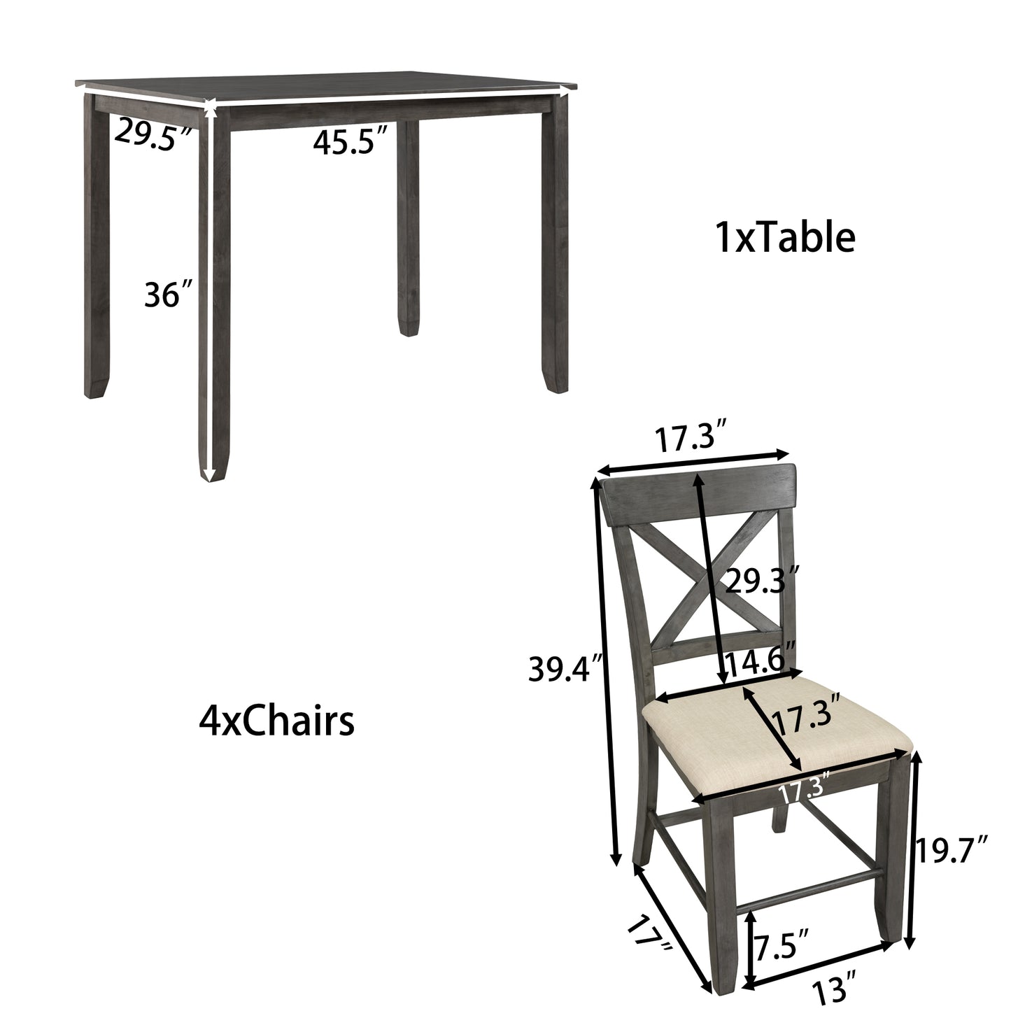 Wood 5-Piece Counter Height Dining Table Set with 4 Upholstered Chairs, Gray