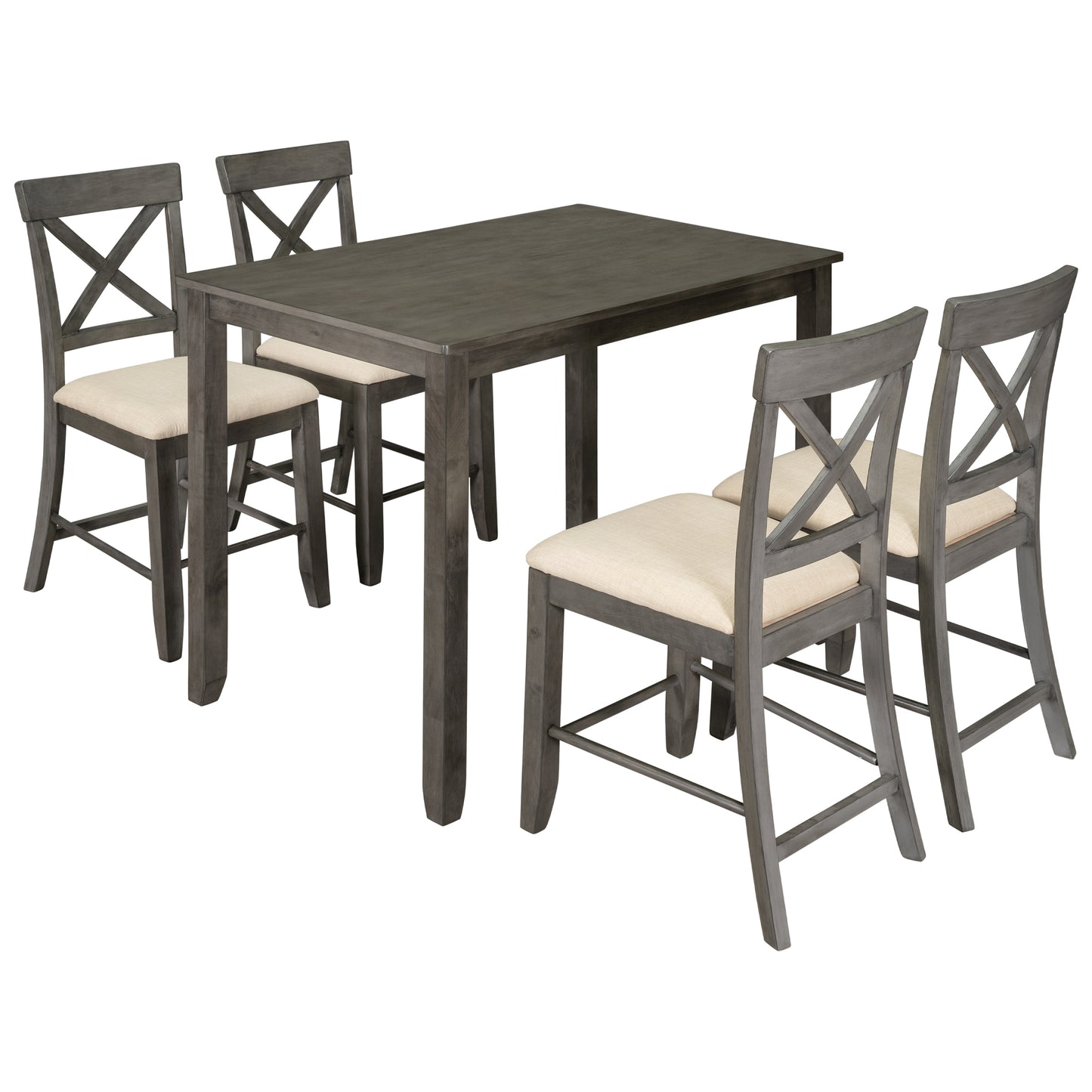 Wood 5-Piece Counter Height Dining Table Set with 4 Upholstered Chairs, Gray