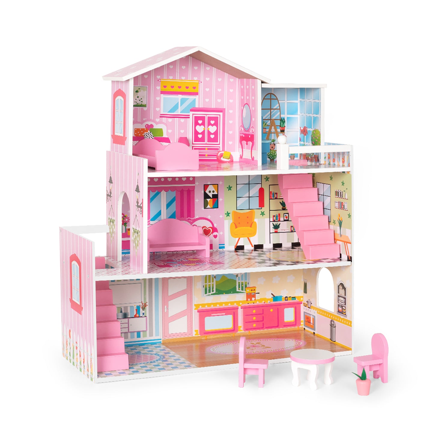 Wooden Dollhouse with Furniture, Doll House Playset for Kids