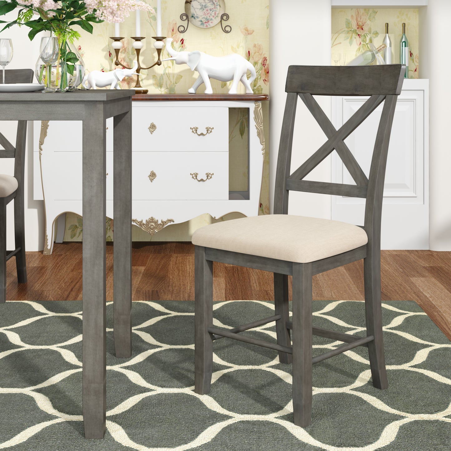 Wood 5-Piece Counter Height Dining Table Set with 4 Upholstered Chairs, Gray