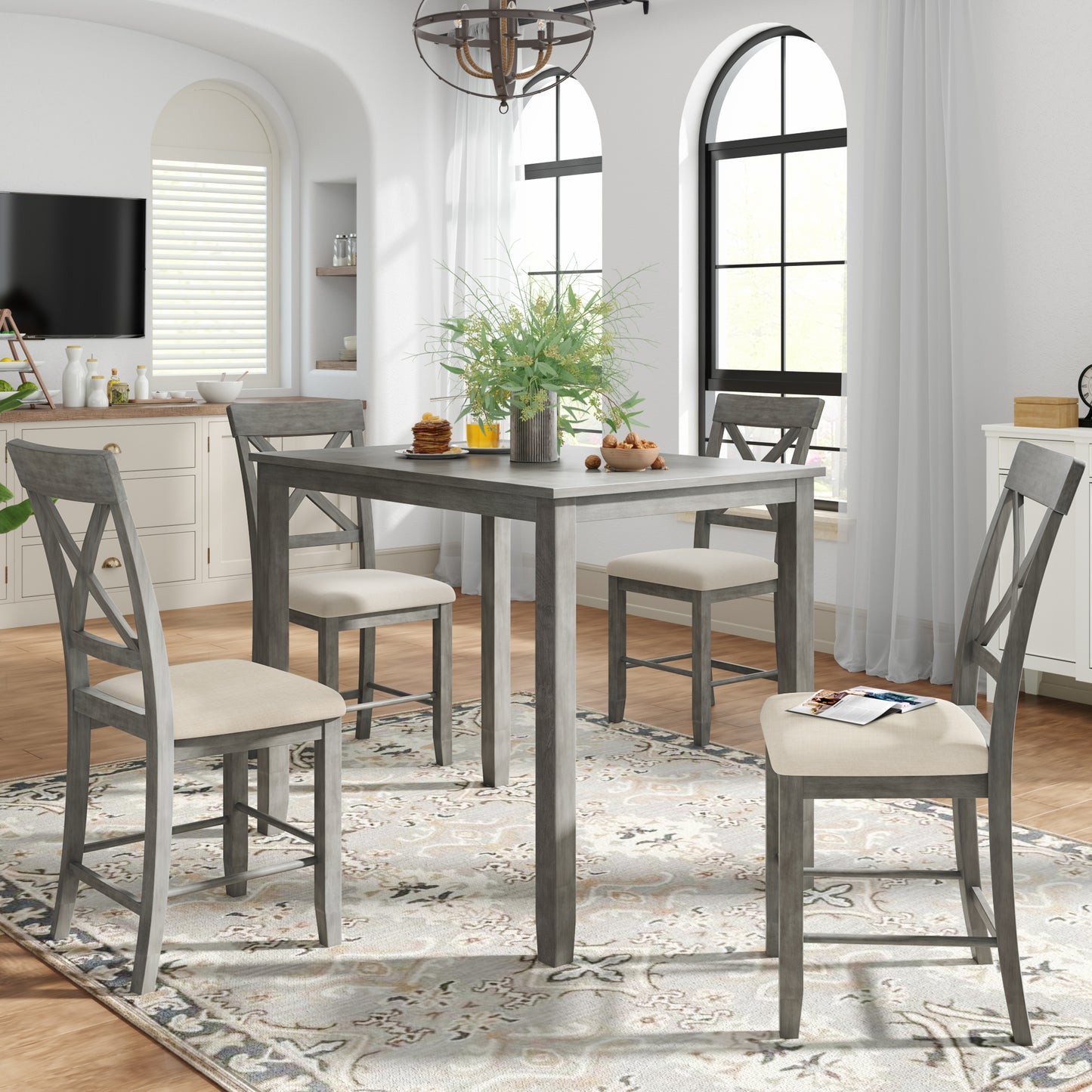 Wood 5-Piece Counter Height Dining Table Set with 4 Upholstered Chairs, Gray