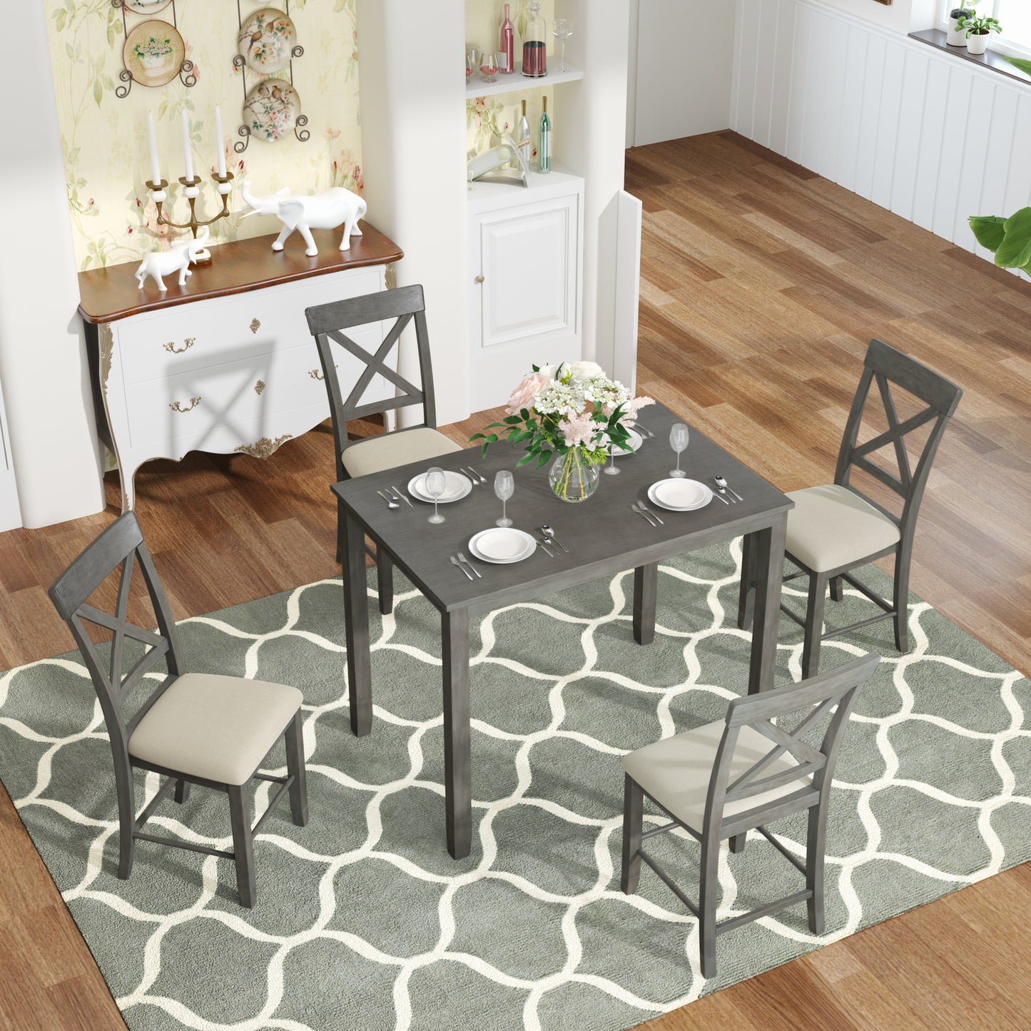 Wood 5-Piece Counter Height Dining Table Set with 4 Upholstered Chairs, Gray