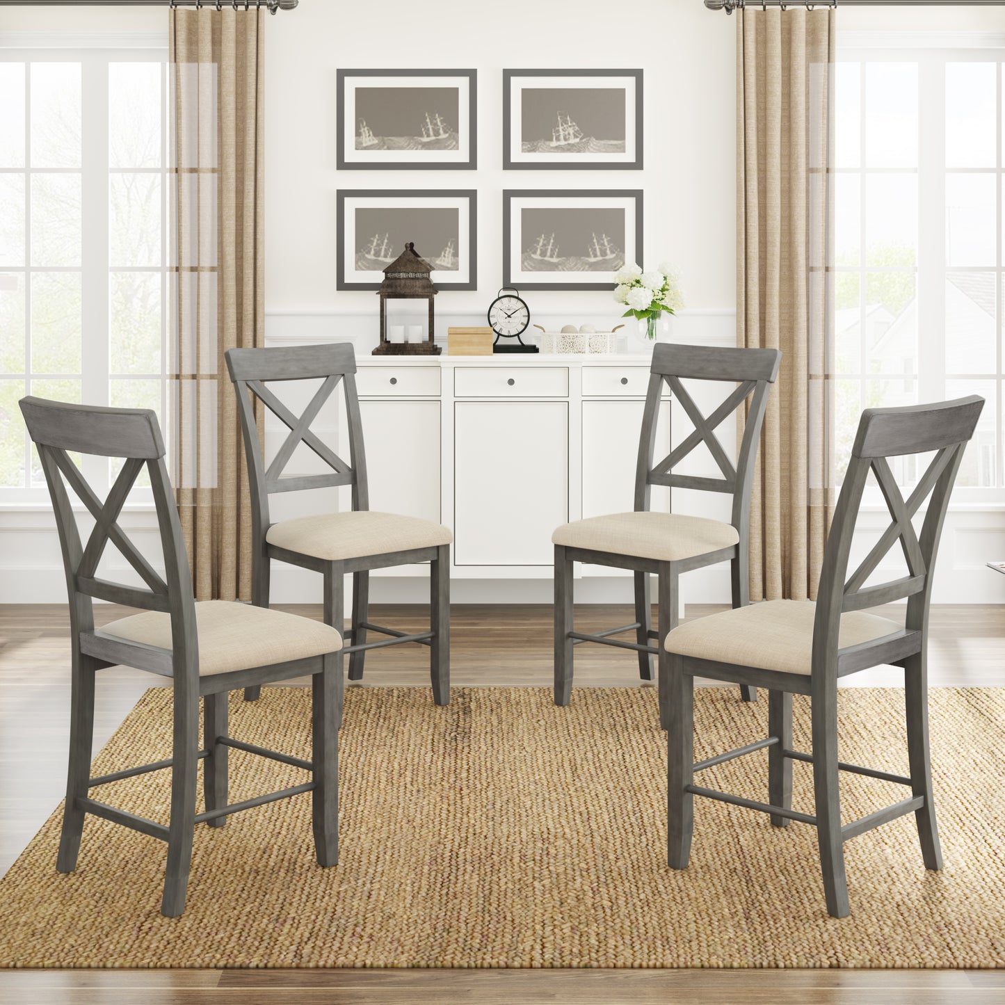 Wood 5-Piece Counter Height Dining Table Set with 4 Upholstered Chairs, Gray