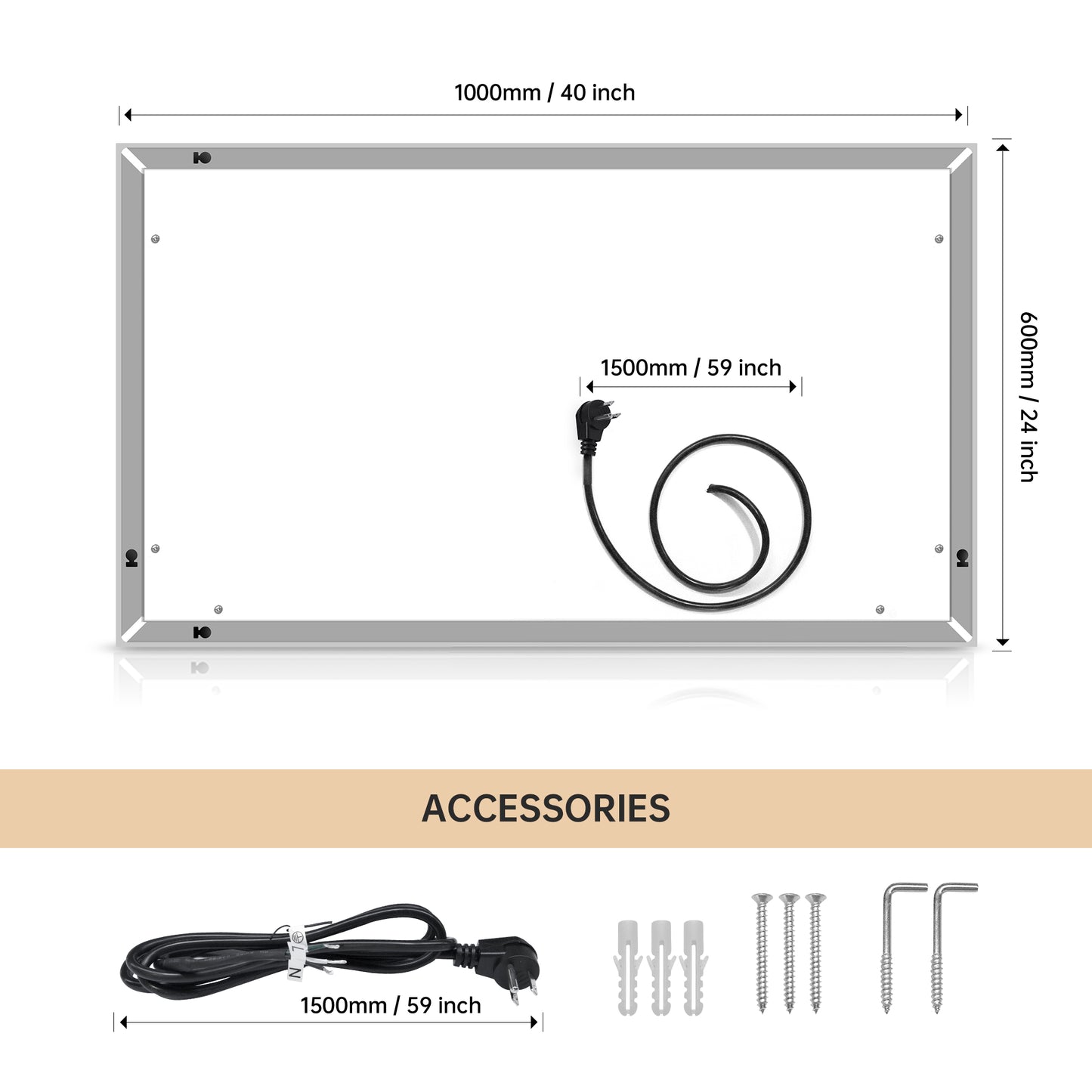 40 *24  LED Lighted Bathroom Wall Mounted Mirror with High Lumen+Anti-Fog Separately Control+Dimmer Function