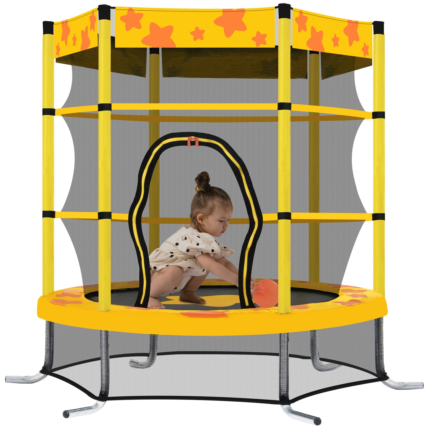 55 Inch Kids Trampoline with Safety Enclosure Net, Outdoor Indoor Trampoline for Kids with Water Sprinkler, Max Load 100lbs (Yellow)