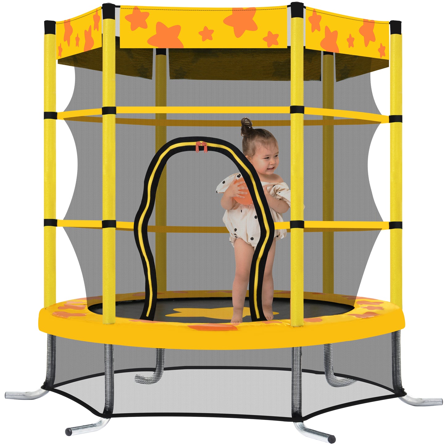 55 Inch Kids Trampoline with Safety Enclosure Net, Outdoor Indoor Trampoline for Kids with Water Sprinkler, Max Load 100lbs (Yellow)