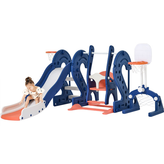 Toddler Slide and Swing Set 6 in 1, Kids Playground Climber Playset with Soccer Goal, 2 Basketball Hoops, Ring-Toss Game, Indoor  Outdoor