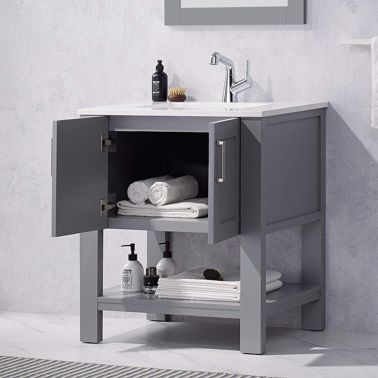 FR Gray Bathroom Vanity with Sink 30 Inch Bathroom Vanity Canbinet Modern Bathroom Sink Vanity with Marble Countertop and White Ceramic Sink