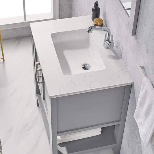 FR Gray Bathroom Vanity with Sink 30 Inch Bathroom Vanity Canbinet Modern Bathroom Sink Vanity with Marble Countertop and White Ceramic Sink