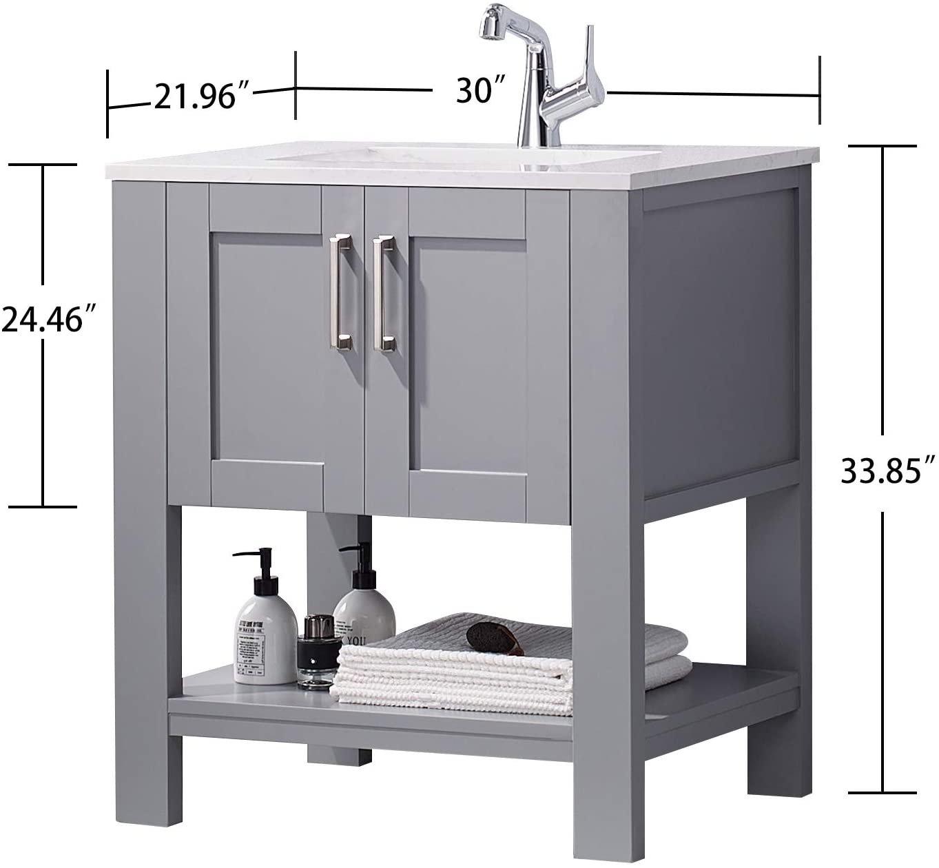 FR Gray Bathroom Vanity with Sink 30 Inch Bathroom Vanity Canbinet Modern Bathroom Sink Vanity with Marble Countertop and White Ceramic Sink