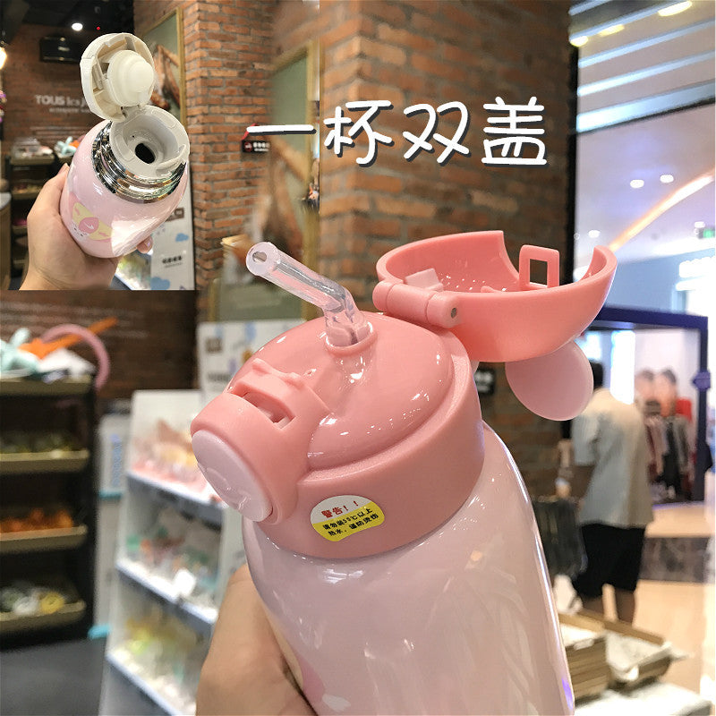 Double cover Child Insulation Cup with straw slanted crossover set can be back primary school water cup men and women baby kindergarten kettle