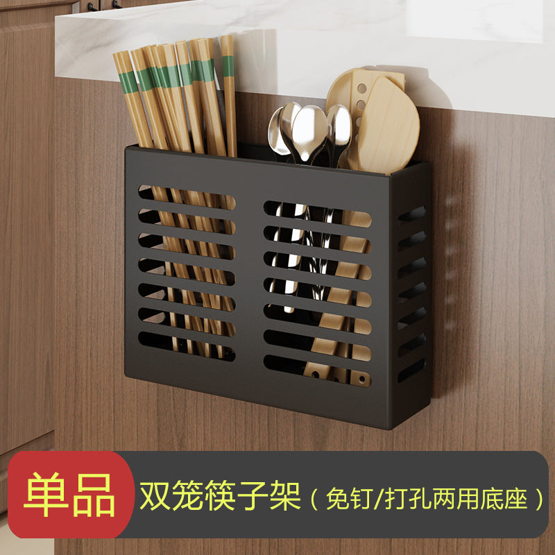 Exhaust-free stainless steel kitchen shelf wall hanging black pot cover chop chopsticks kitchen tool holder finishing storage rack