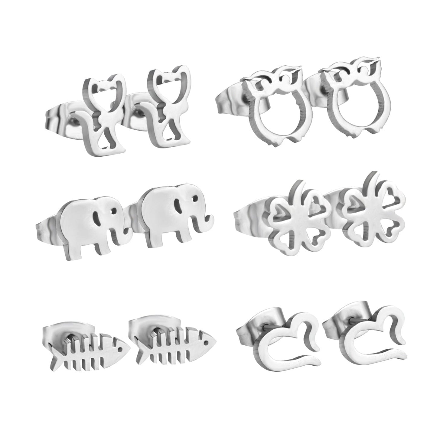 6Pairs/Box Stainless Steel CZ Earrings For Women Girls Kids Piercing Stud Earrings Set Birthday Jewelry Gifts