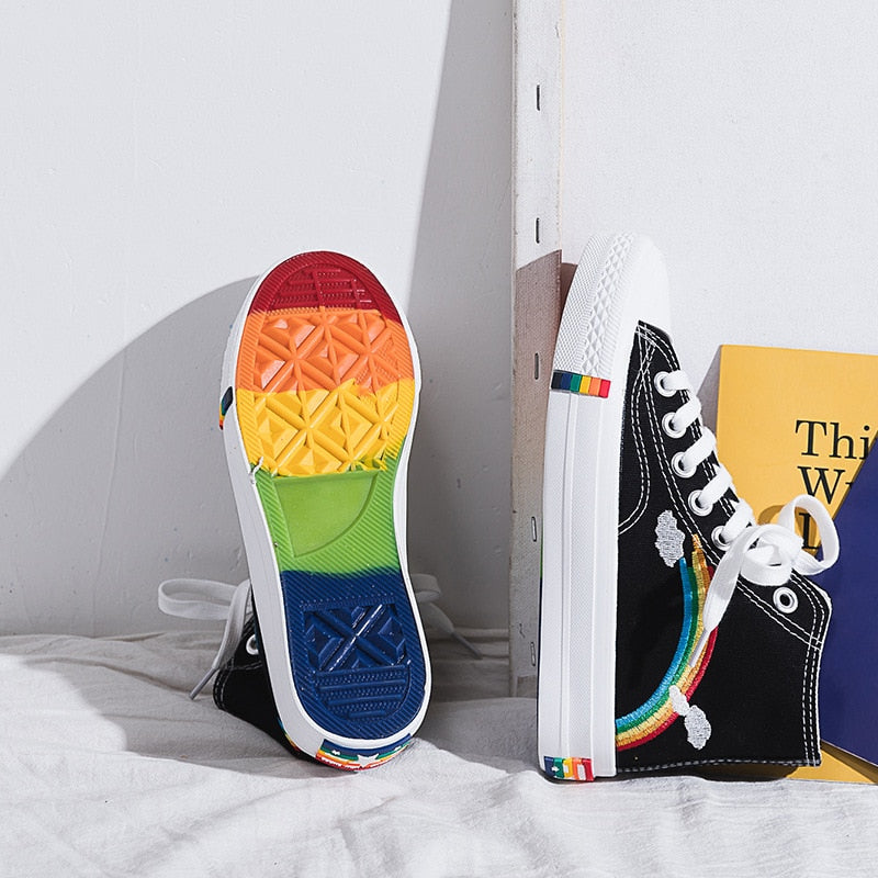 Women Canvas Sneakers Rainbow High Top Canvas Shoes Woman Sneakers Vulcanized Shoes Fashion Summer Sneaker Flats White Shoes