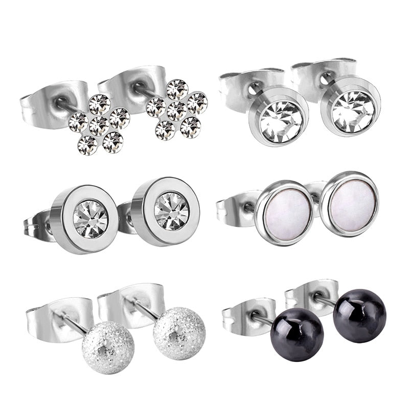 6Pairs/Box Stainless Steel CZ Earrings For Women Girls Kids Piercing Stud Earrings Set Birthday Jewelry Gifts