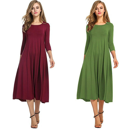 2018 European and American autumn new Amazon Ebay cross-border round neck mid-sleeve solid color big swing dress