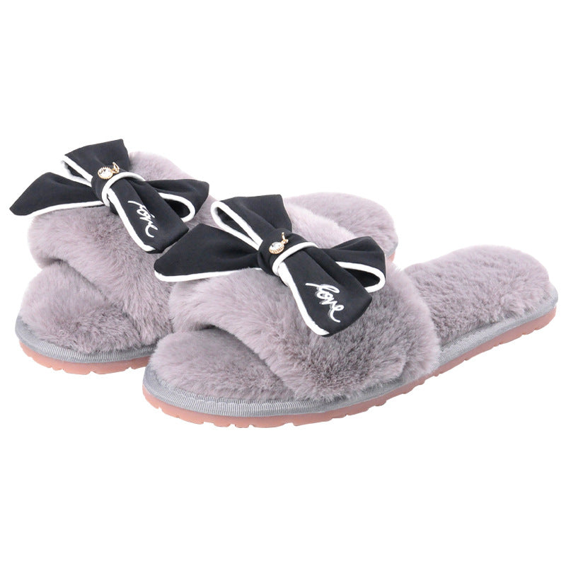 A generation of hand-made big bow fur slippers female Amazon wearing fashion plush home word flounce