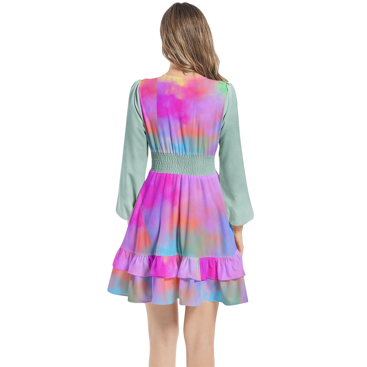 Long Sleeve Tiered Ruffle Hem Elastic Waist Mini Dress