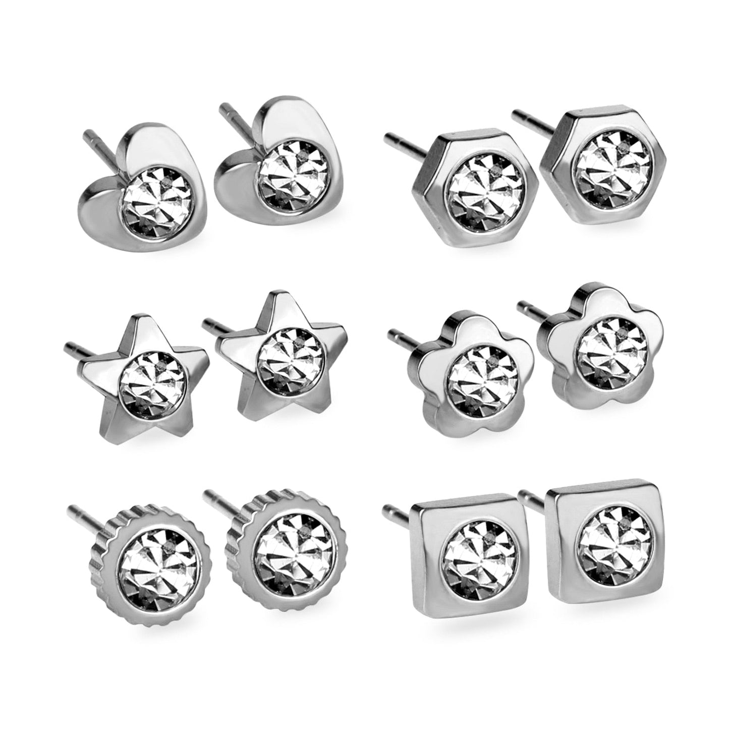 6Pairs/Box Stainless Steel CZ Earrings For Women Girls Kids Piercing Stud Earrings Set Birthday Jewelry Gifts