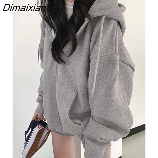 Dimaixian Women Hoodies Harajuku Korean Version Loose Sweatshirts Vintage Solid Color Long Sleeve Hooded Sweatshirt Zipper Coats