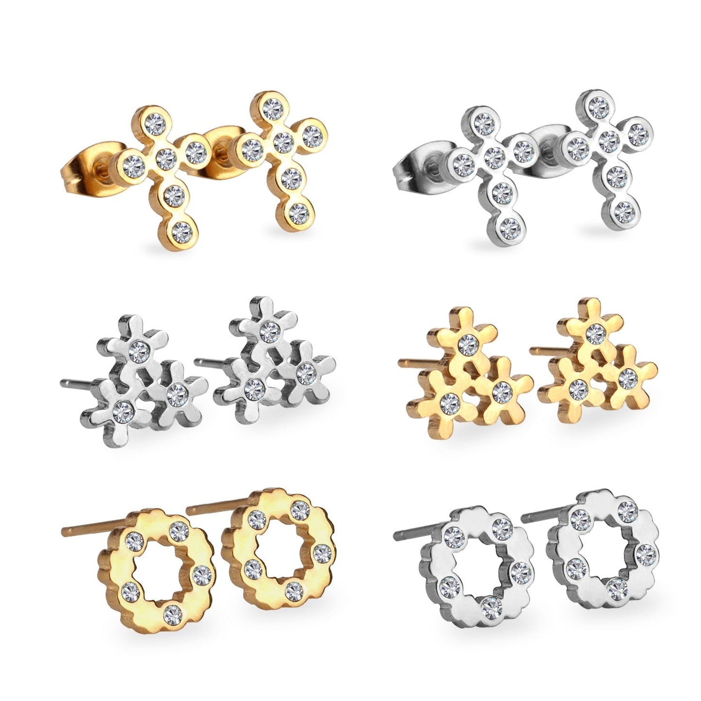 6Pairs/Box Stainless Steel CZ Earrings For Women Girls Kids Piercing Stud Earrings Set Birthday Jewelry Gifts