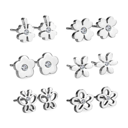 6Pairs/Box Stainless Steel CZ Earrings For Women Girls Kids Piercing Stud Earrings Set Birthday Jewelry Gifts