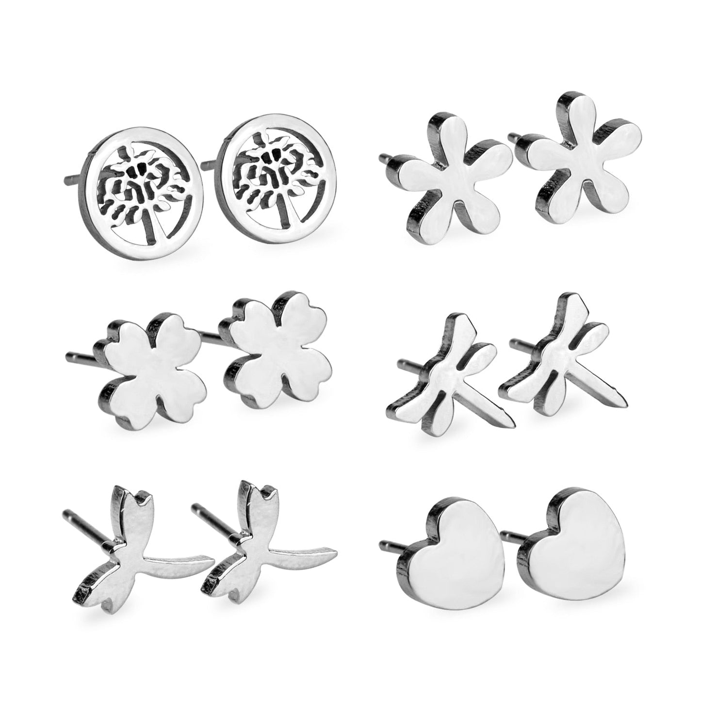 6Pairs/Box Stainless Steel CZ Earrings For Women Girls Kids Piercing Stud Earrings Set Birthday Jewelry Gifts