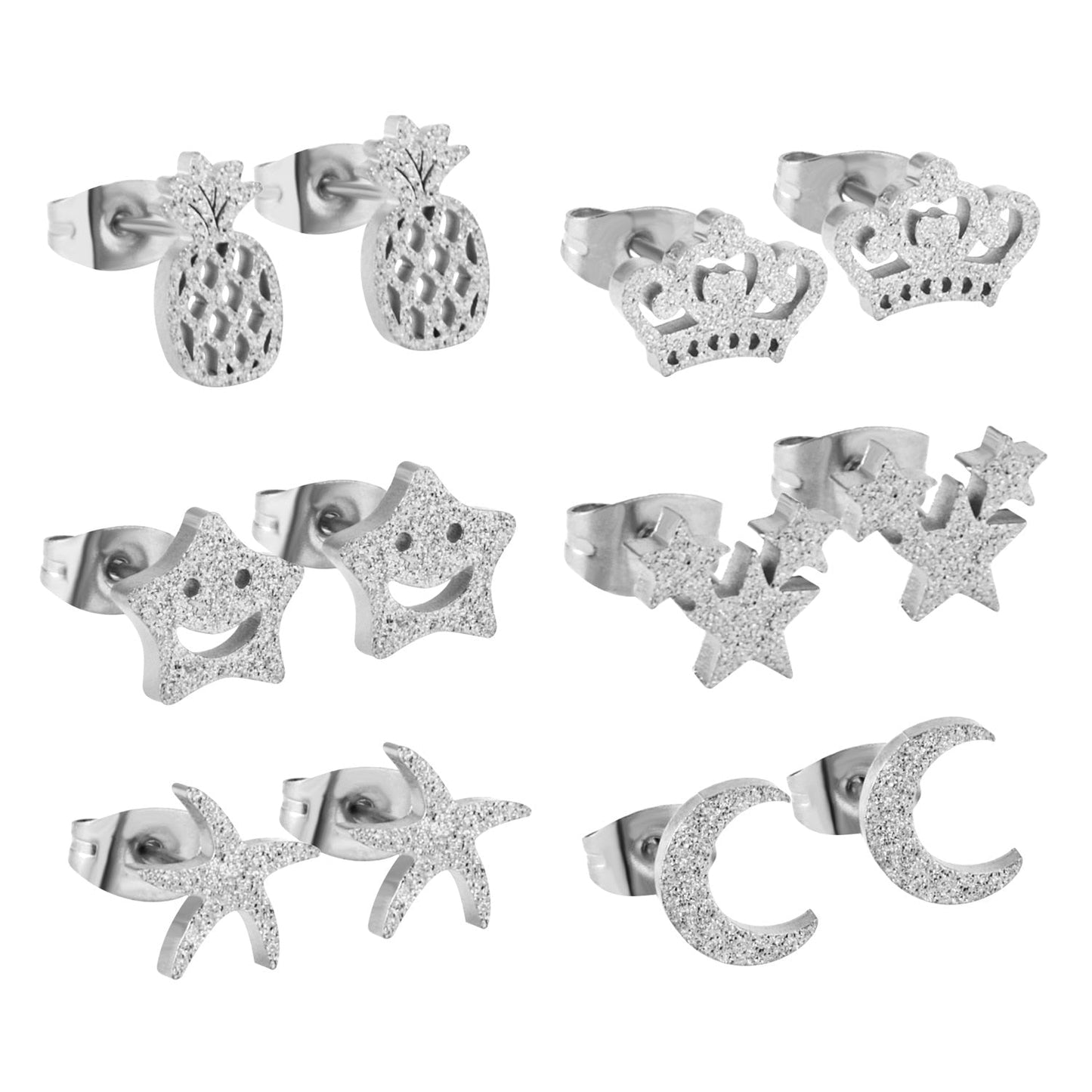 6Pairs/Box Stainless Steel CZ Earrings For Women Girls Kids Piercing Stud Earrings Set Birthday Jewelry Gifts