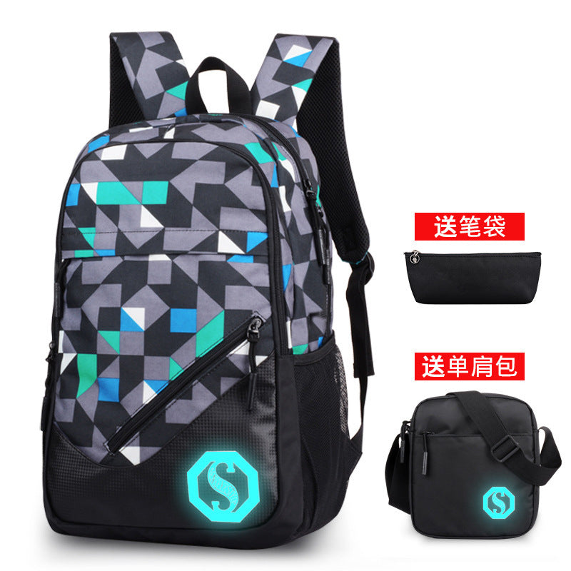 Graffiti three-piece lattice backpack male student bag back Pack casual computer junior high school backpack