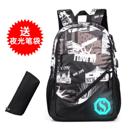 Graffiti three-piece lattice backpack male student bag back Pack casual computer junior high school backpack