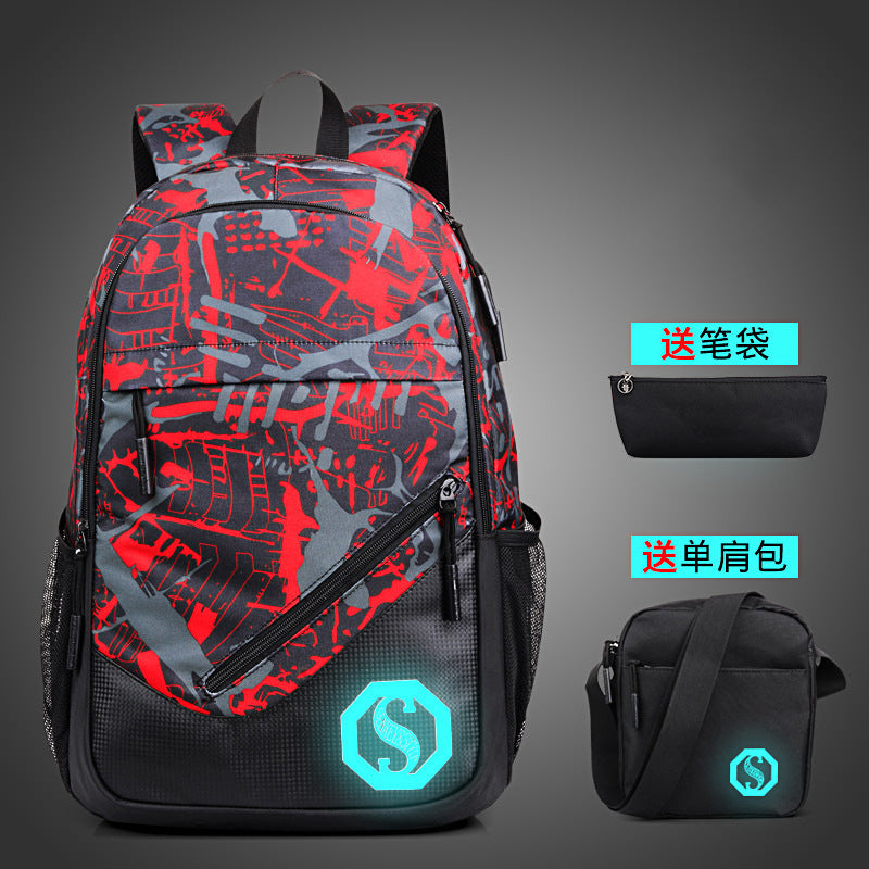 Graffiti three-piece lattice backpack male student bag back Pack casual computer junior high school backpack