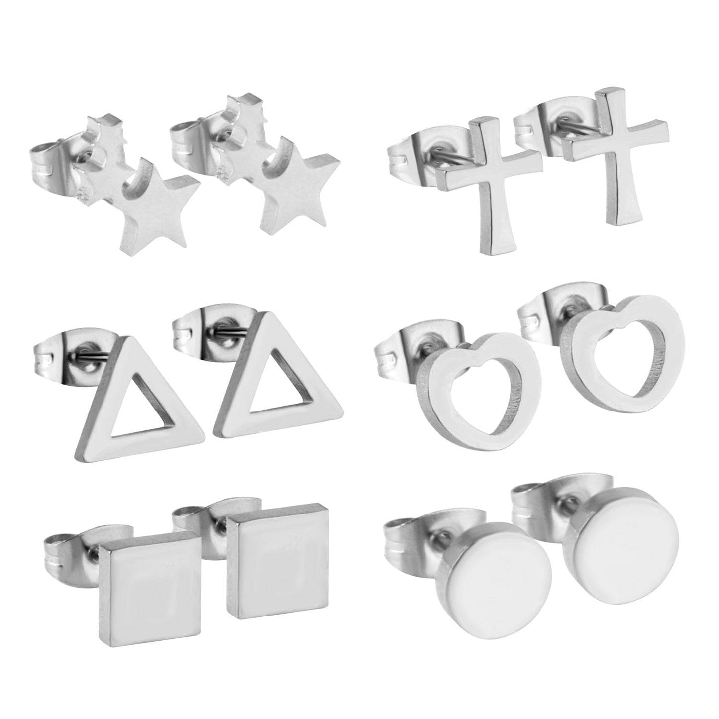 6Pairs/Box Stainless Steel CZ Earrings For Women Girls Kids Piercing Stud Earrings Set Birthday Jewelry Gifts