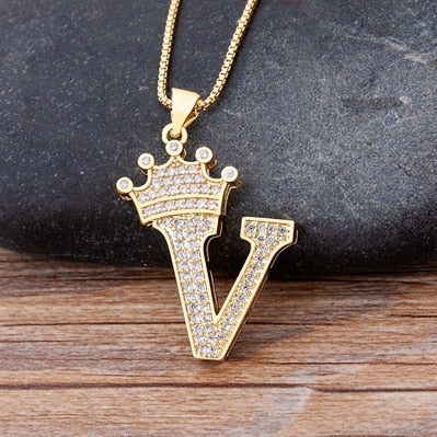 New Luxury Copper Zircon A-Z Crown Alphabet Pendant Chain Necklace Punk Hip-Hop Style Fashion Woman Man Initial Name Jewelry