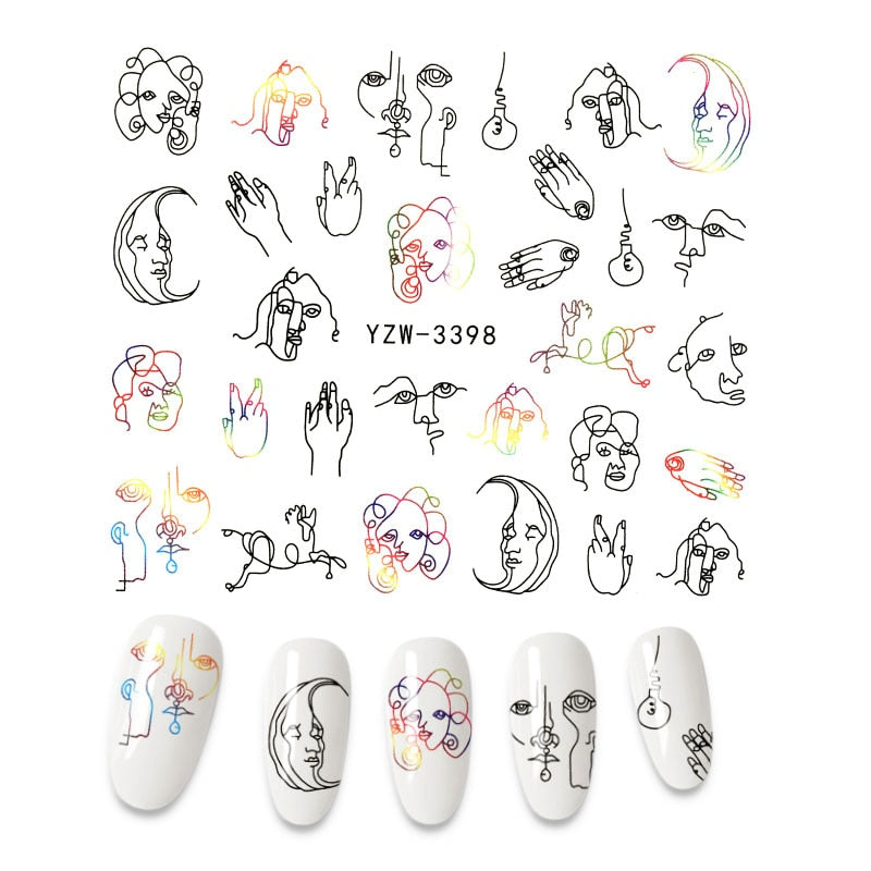 3D Flower Nail Stickers Women Face Sketch Abstract Butterfly Image Sexy Girl Nail Art Decor Sliders Manicure Stickers for Nails