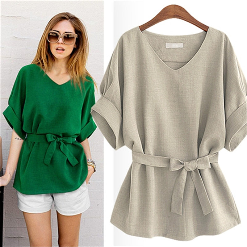 2021 Summer Women's Blouse Green New V-neck Bandage Short-sleeved Shirt  Large Size 4XL 5XL Bat Sleeve Loose Casual  FemaleTops