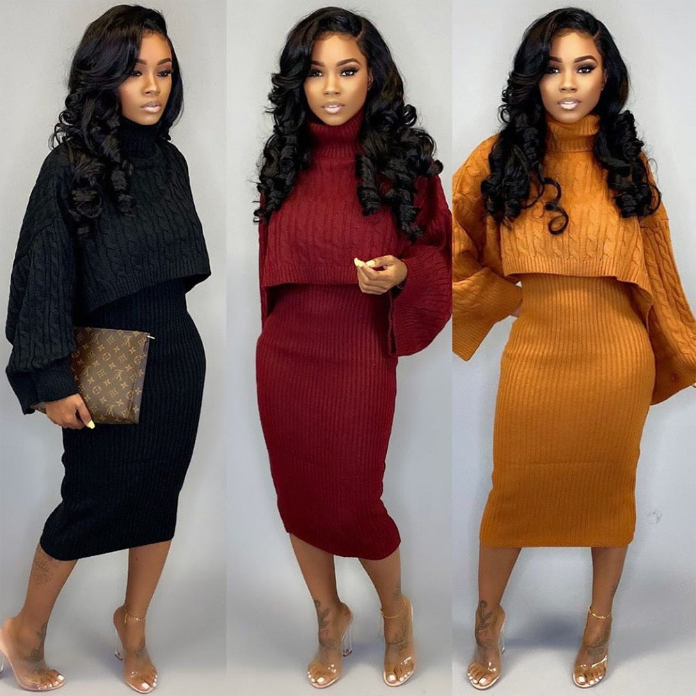 Echoine Winter Knitted Sweater Straped Dress Two Piece Set Short Turtleneck Sweater Jumper Pullovers Matching Set Party Outfits