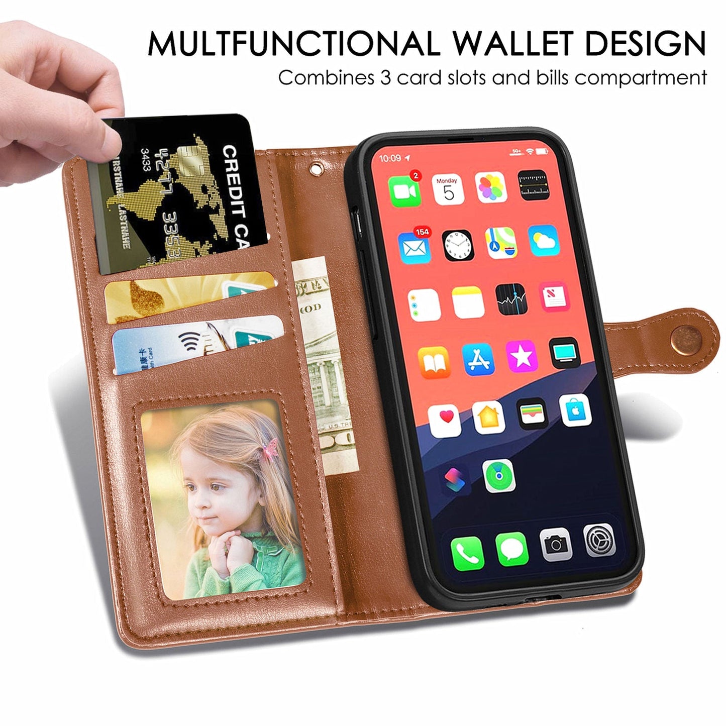 For iPhone 13 Pro Max, iPhone 13 Wallet Case (2021) PU Leather Folio Flip Cover Credit Card Holder Protective Book Folding Case