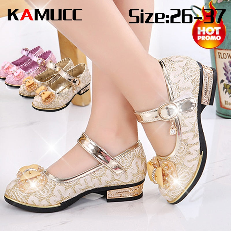 Kids Wedding Dress Shoes Children Princess Shoes Bowtie Leather Shoes for Girls Casual Shoes Girls High Heels