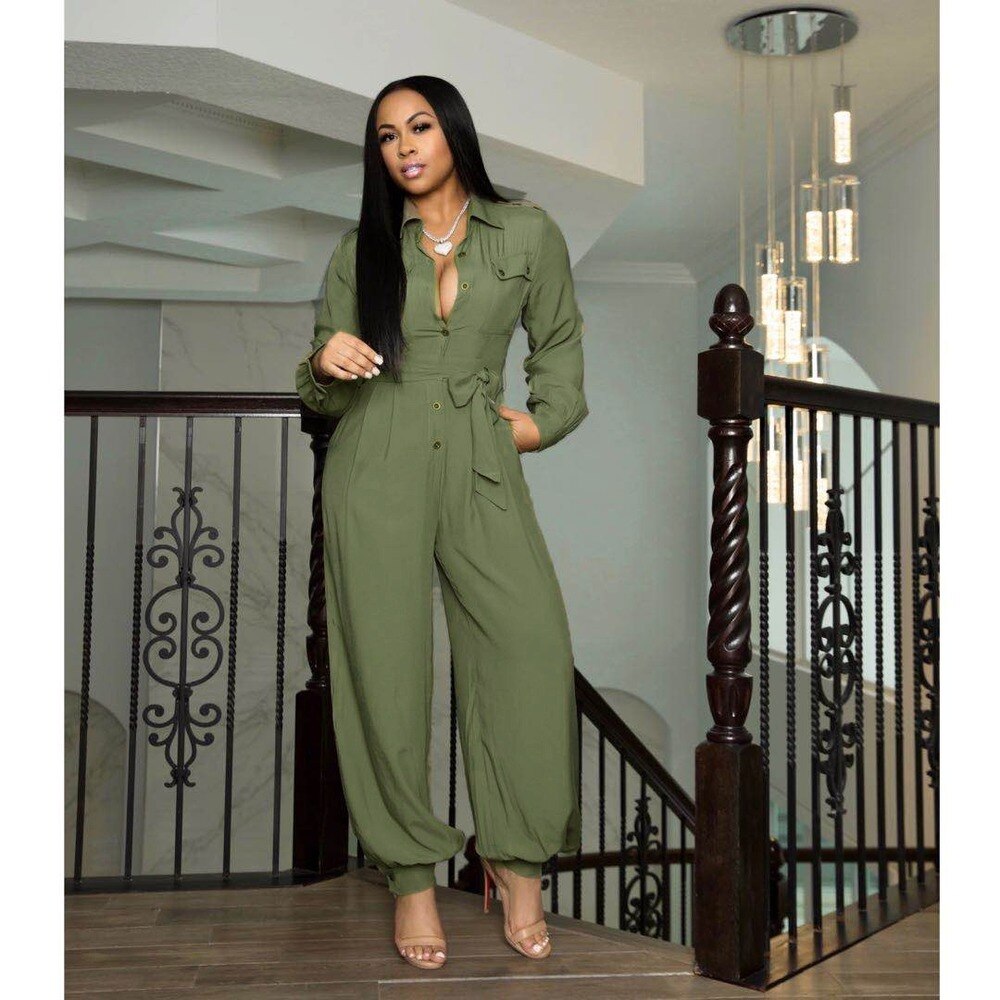 Casual Loose Women's Jumpsuit Full Sleeve Button Up Overalls With Sashes Streetwear Autumn One Piece Outfit Rompers Cargo Pants