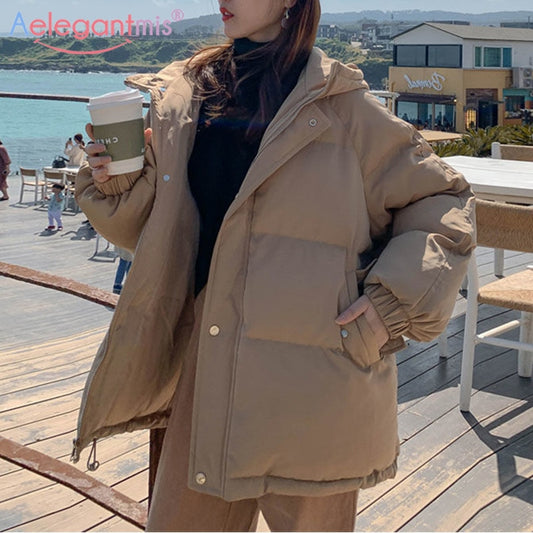 Aelegantmis Women Thicken Warm Parka Coat Loose Oversized Women's Winter Bread Coat Hooded Outwear Padded Woman Parkas Jackets