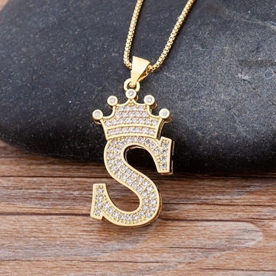 New Luxury Copper Zircon A-Z Crown Alphabet Pendant Chain Necklace Punk Hip-Hop Style Fashion Woman Man Initial Name Jewelry