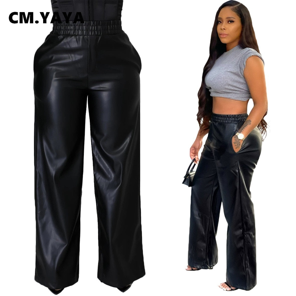 CM.YAYA Women Faux Leather Straight High Waist PU Pants INS Elegant Autumn Winter Solid Wide Leg Black Trousers