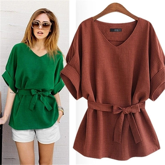 2021 Summer Women's Blouse Green New V-neck Bandage Short-sleeved Shirt  Large Size 4XL 5XL Bat Sleeve Loose Casual  FemaleTops