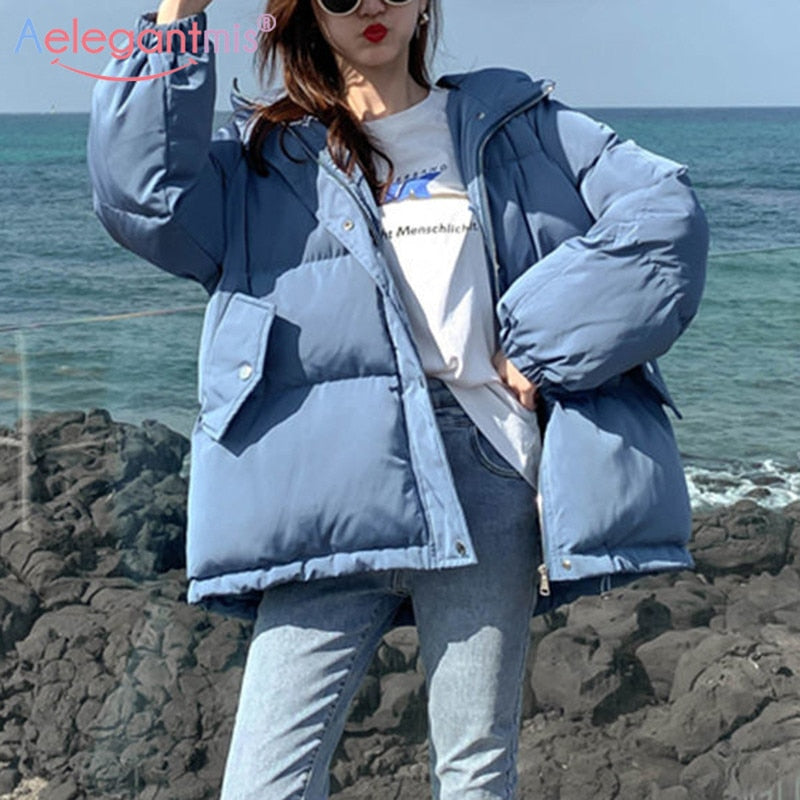 Aelegantmis Women Thicken Warm Parka Coat Loose Oversized Women's Winter Bread Coat Hooded Outwear Padded Woman Parkas Jackets